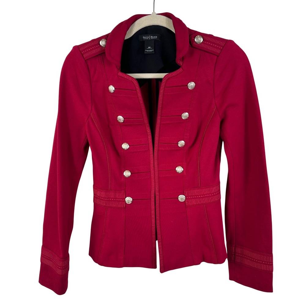 White House Black Market Jacket Women 00 Red Military Band Peplum Dark Academia